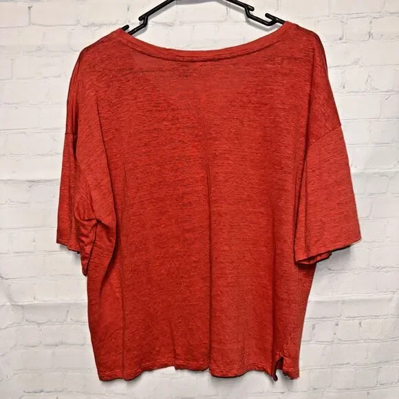 Tahari Coral Orange  V-Neck 100% Linen Oversized Short Sleeve Top Womans Medium - Picture 5 of 6